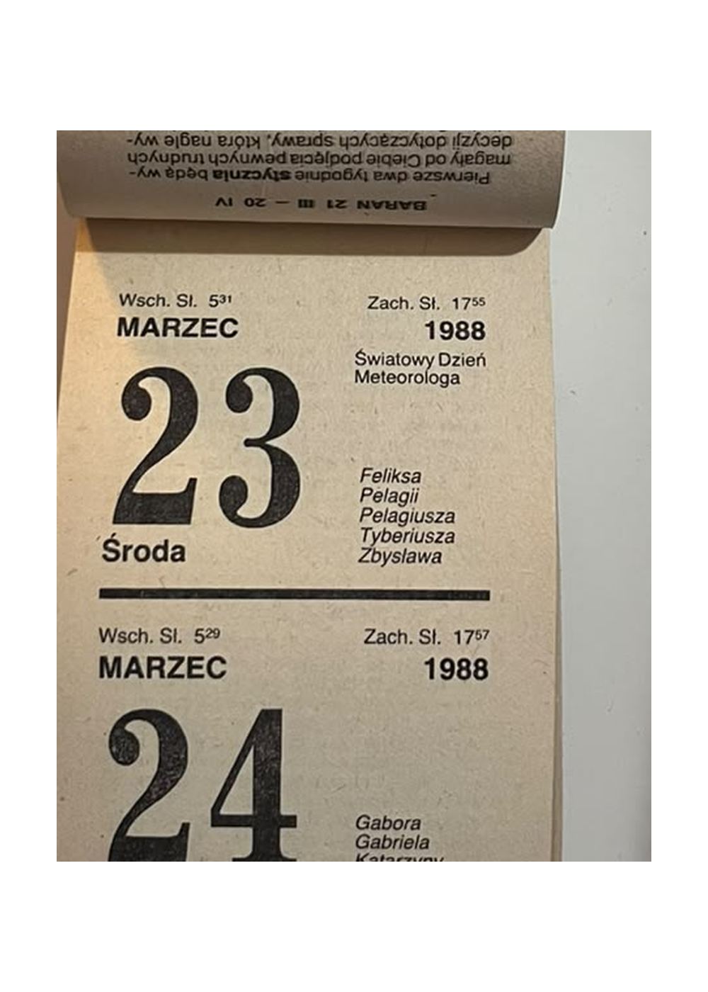 Drugie zdjęcie – Kalendarz z horoskopem 1988 – kartki dwudniowe